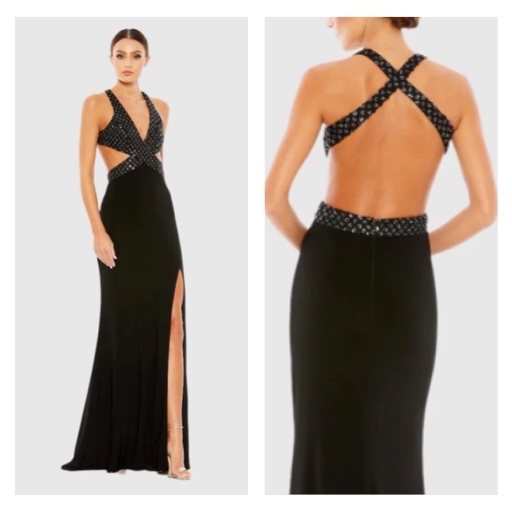 Mac Duggal Black Crisscross Back Evening Gown with Embellished Straps